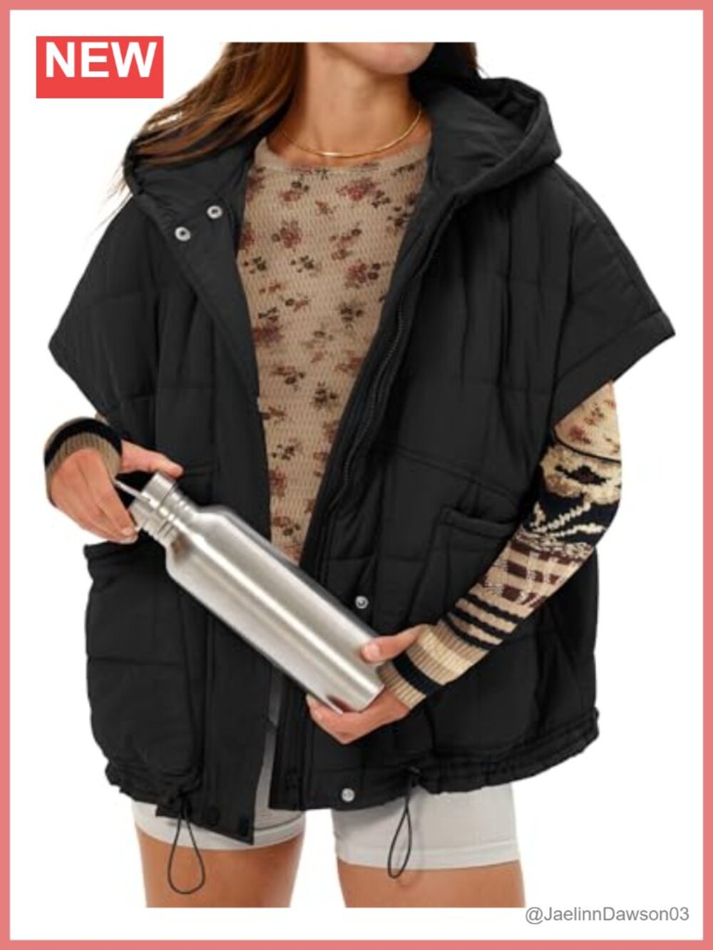 Oversized Quilted Puffer Vest with Hood and Zip Front